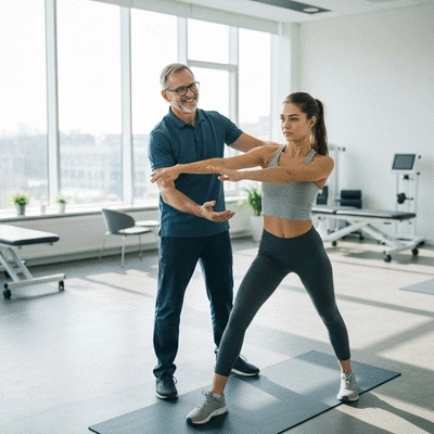 Physiotherapist assisting a patient with exercise in a bright, modern clinic, no text, no words, no typography, clean image