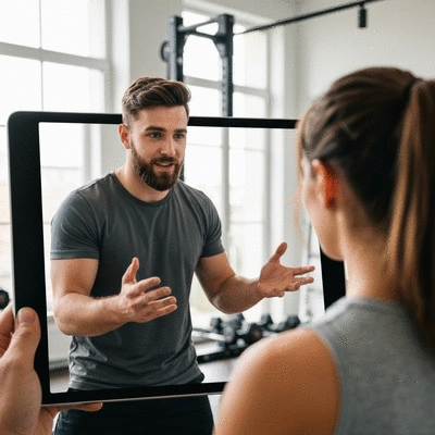 Personal trainer motivating client during an online workout on a tablet