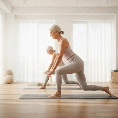 Senior woman doing Pilates on a mat, focused and calm