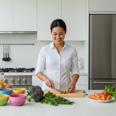 Kobieta przygotowuje zdrowy posiłek w nowoczesnej kuchni, warzywa, miski, jasne kolory, no text, no words, no typography, 8K
