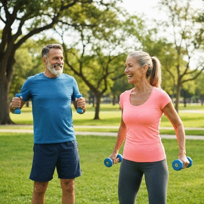 Happy senior couple exercising outdoors with light weights