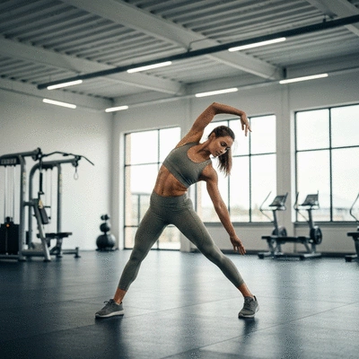 Athlete performing stretching exercises to prevent injury, in a bright and spacious gym