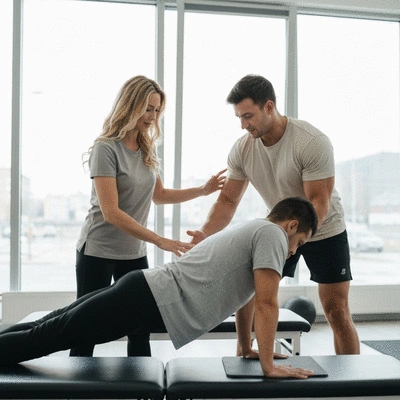 Therapist and personal trainer guiding a person through rehabilitation exercises in a modern, clean clinic