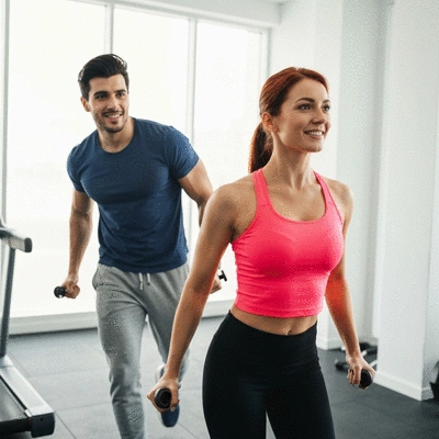Happy fit couple exercising together in a bright, modern gym