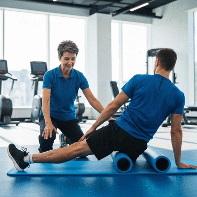 Sports physiotherapist assisting an athlete with knee rehabilitation exercises in a modern gym setting