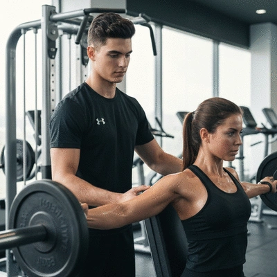Personal trainer assisting a client with weights in a modern gym