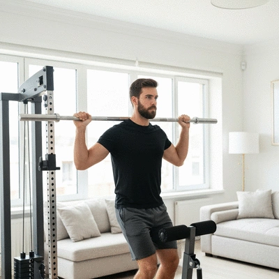 Person using modern home fitness equipment in a bright living room