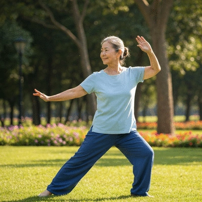 Older woman practicing Tai Chi outdoors in a park