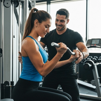 Kobieta ćwicząca z trenerem personalnym w jasnej siłowni