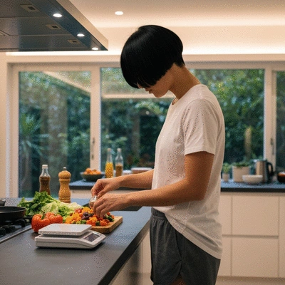 Sportowiec przygotowujący posiłek z wagą kuchenną, liczący makroskładniki