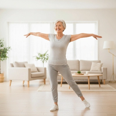 Starsza kobieta uśmiecha się i wykonuje proste ćwiczenia rozciągające w domu, ubrana w wygodne ubranie sportowe, w tle jasny, nowoczesny salon. no text, no words, no typography, no labels, clean image