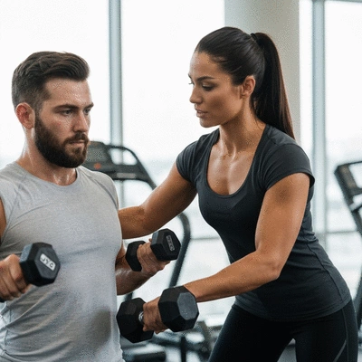Personal trainer guiding a client through an exercise in a modern gym