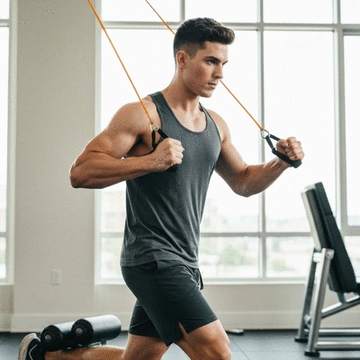 Person performing compensatory exercises with resistance bands in a gym
