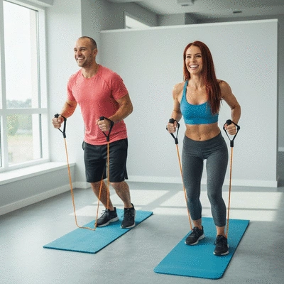 Couple exercising together with home fitness equipment, smiling and motivated