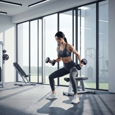 Person exercising with weights in a modern gym, bright lighting