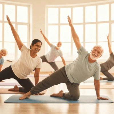 Group of seniors doing Pilates in a bright studio, diverse and happy