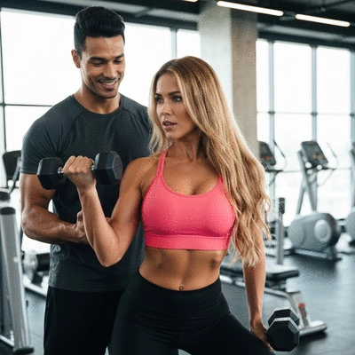 Kobieta ćwicząca z trenerem personalnym w nowoczesnej siłowni