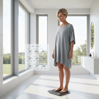 Person using a smart scale at home, displaying various body composition metrics on a screen. High-tech, clean, modern aesthetic.