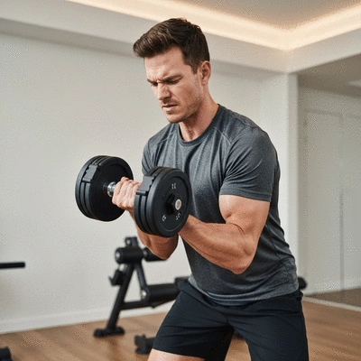 Person performing a bicep curl with an adjustable dumbbell in a modern home gym, focused, dynamic, no text, no words, no typography, 8K