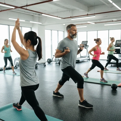 People doing various exercises in a modern gym, focusing on personal training and group classes