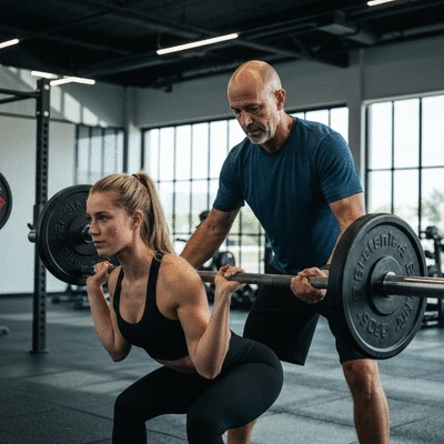 Trener personalny pomaga klientowi w wykonaniu ćwiczenia na siłowni, profesjonalne otoczenie
