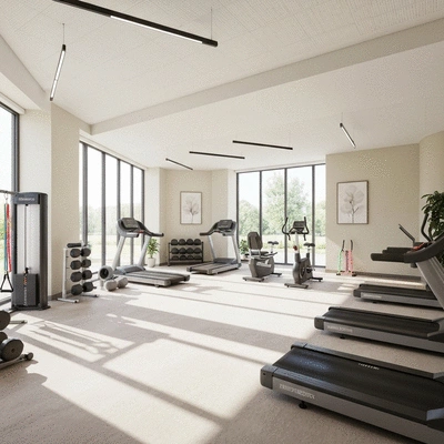 Modern physiotherapy clinic interior with natural light and professional equipment, no text, no words, no typography, clean image