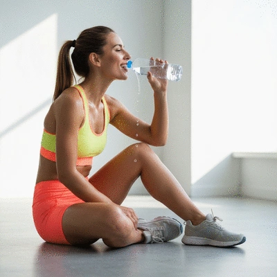 Zadowolona kobieta w stroju sportowym po treningu, pije wodę, no text, no words, no typography, 8K