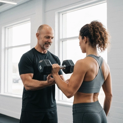 Trener personalny demonstrujący ćwiczenie z hantlami w siłowni