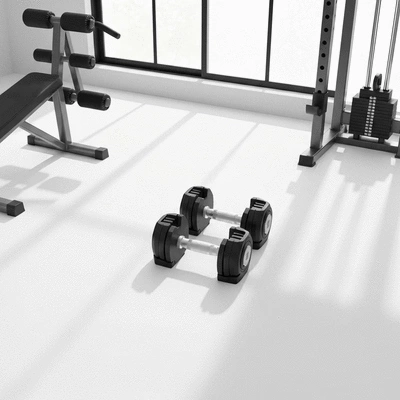 Modern adjustable dumbbells in a home gym setup, clean background, no text, no words, no typography, 8K
