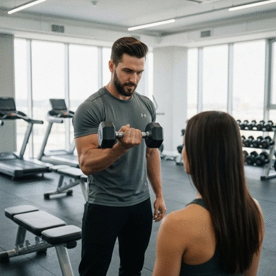 Trener personalny demonstrujący ćwiczenia na siłowni