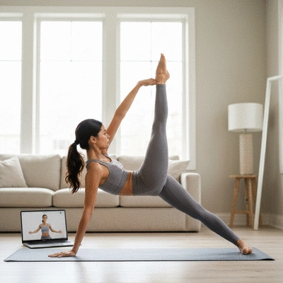 Woman doing yoga on a laptop with a personal trainer