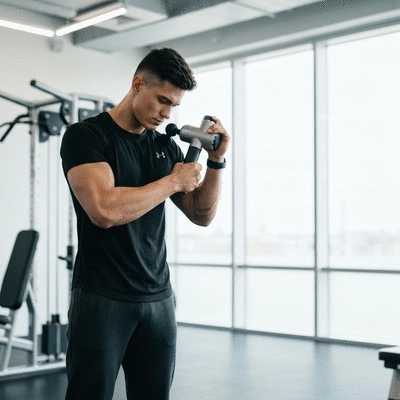 Person using a massage gun on their shoulder after a workout, in a bright gym setting, no text, no words, no typography, no labels, clean image