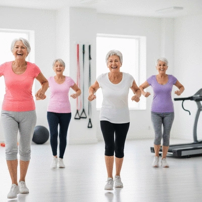 Grupa radosnych seniorów ćwiczących razem w jasnym, przestronnym pomieszczeniu, z uśmiechem na twarzach, w tle elementy wyposażenia siłowni domowej, no text, no words, no typography, no labels, clean image