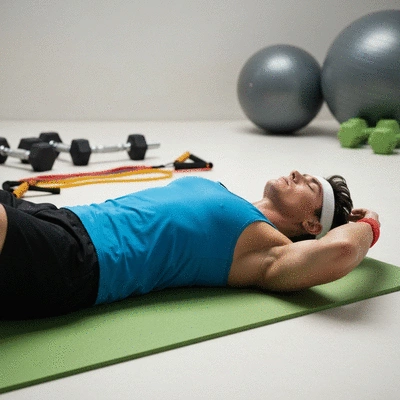 Wysportowana osoba po treningu, zrelaksowana, leżąca na macie, z ręcznikiem, w tle sprzęt sportowy, no text, no words, no typography, no labels, clean image