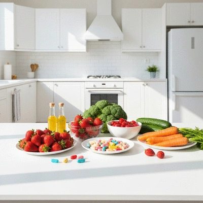 Healthy food on a table, including fruits, vegetables, and supplements, in a bright kitchen setting