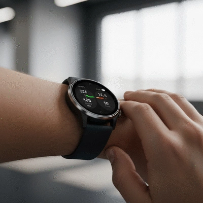 Person reviewing data on a smartwatch after a workout