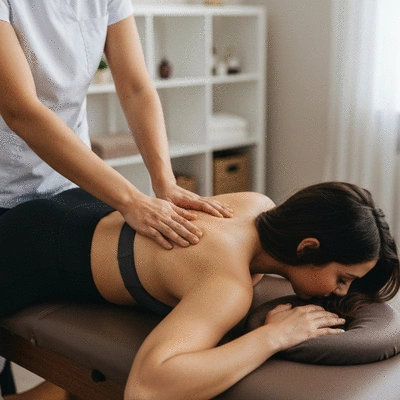 Młoda kobieta otrzymująca masaż sportowy na plecach, z widocznymi rękami masażysty, w tle gabinet masażu, no text, no words, no typography, no labels, clean image