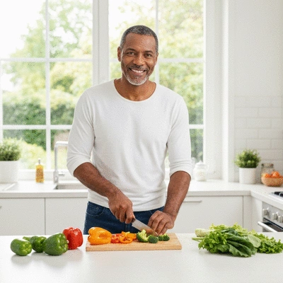 Person preparing a healthy meal with protein and vegetables, clean kitchen environment, no text, no words, no typography, 8K