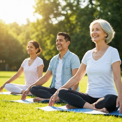 Group of diverse seniors practicing gentle yoga outdoors, smiling and relaxed