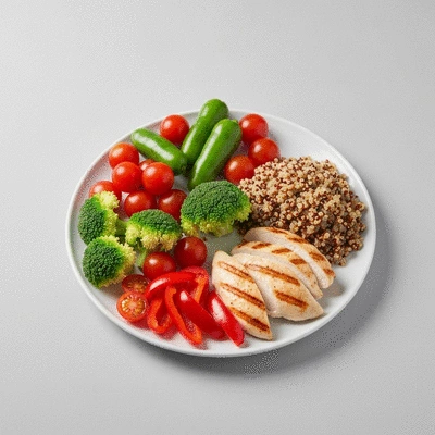 Balanced plate with healthy food: vegetables, protein, and whole grains