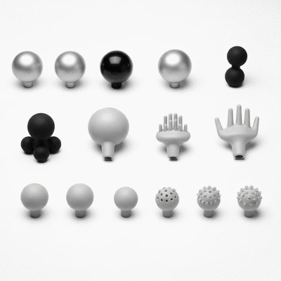 Different types of massage gun heads arranged neatly on a clean white background, no text, no words, no typography, no labels, clean image