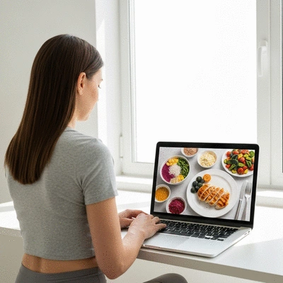 Woman having an online video call with a nutritionist on a laptop, showing healthy food on screen