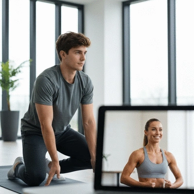 Person exercising at home with a personal trainer on a laptop or tablet
