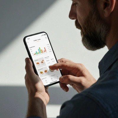 Person using a health tracking app on a smartphone, displaying nutrition data and meal plans