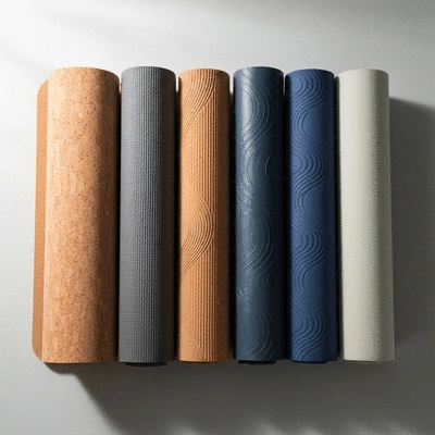 Assortment of yoga mats rolled up in various colors and materials, clean background