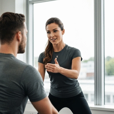 Kobieta i mężczyzna w sali treningowej, trener personalny pokazuje ćwiczenie