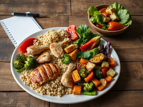 Healthy food plate with fresh vegetables and protein, symbolizing nutrition guidance