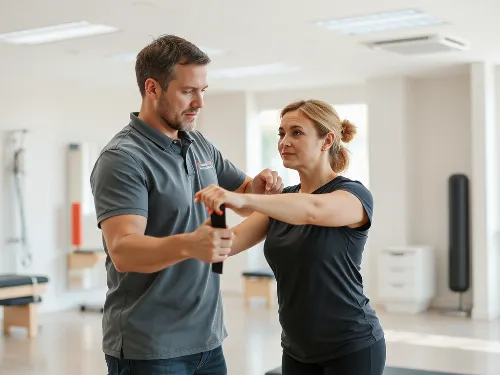 Physical therapy session, therapist assisting client with rehabilitation exercises
